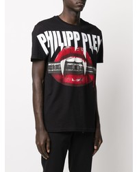 schwarzes bedrucktes T-Shirt mit einem Rundhalsausschnitt von Philipp Plein