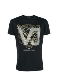 schwarzes bedrucktes T-Shirt mit einem Rundhalsausschnitt von Versace Jeans