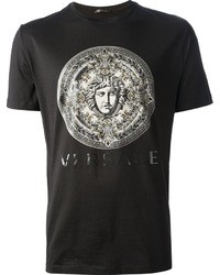 schwarzes bedrucktes T-Shirt mit einem Rundhalsausschnitt von Versace