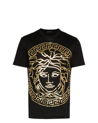 schwarzes bedrucktes T-Shirt mit einem Rundhalsausschnitt von Versace