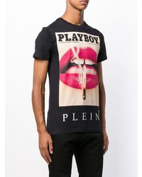 schwarzes bedrucktes T-Shirt mit einem Rundhalsausschnitt von Philipp Plein