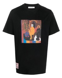 schwarzes bedrucktes T-Shirt mit einem Rundhalsausschnitt von Wood Wood