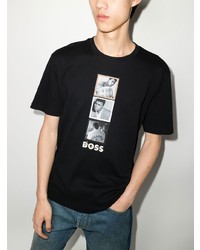 schwarzes bedrucktes T-Shirt mit einem Rundhalsausschnitt von BOSS