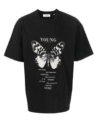 schwarzes bedrucktes T-Shirt mit einem Rundhalsausschnitt von YOUNG POETS