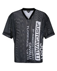 schwarzes bedrucktes T-Shirt mit einem V-Ausschnitt aus Netzstoff von Just Cavalli