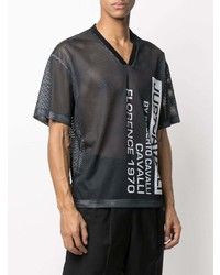 schwarzes bedrucktes T-Shirt mit einem V-Ausschnitt aus Netzstoff von Just Cavalli