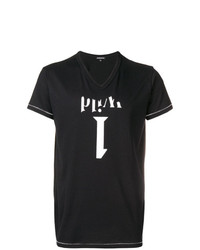 schwarzes bedrucktes T-Shirt mit einem V-Ausschnitt von Ann Demeulemeester
