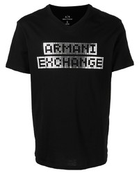 schwarzes bedrucktes T-Shirt mit einem V-Ausschnitt von Armani Exchange