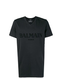 schwarzes bedrucktes T-Shirt mit einem V-Ausschnitt von Balmain