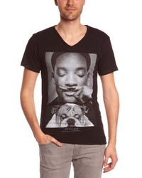 schwarzes bedrucktes T-Shirt mit einem V-Ausschnitt von Eleven Paris