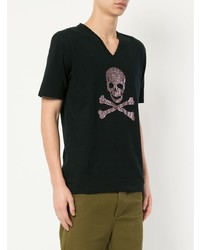 schwarzes bedrucktes T-Shirt mit einem V-Ausschnitt von Loveless