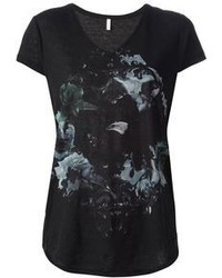 schwarzes bedrucktes T-Shirt mit einem V-Ausschnitt von Faith Connexion
