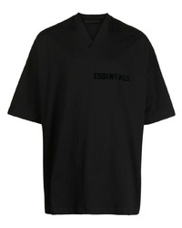 schwarzes bedrucktes T-Shirt mit einem V-Ausschnitt von FEAR OF GOD ESSENTIALS