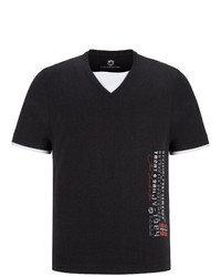 schwarzes bedrucktes T-Shirt mit einem V-Ausschnitt von Jan Vanderstorm