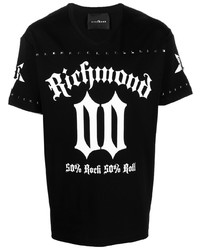 schwarzes bedrucktes T-Shirt mit einem V-Ausschnitt von John Richmond