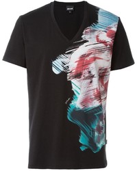 schwarzes bedrucktes T-Shirt mit einem V-Ausschnitt von Just Cavalli