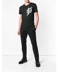 schwarzes bedrucktes T-Shirt mit einem V-Ausschnitt von Philipp Plein