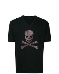 schwarzes bedrucktes T-Shirt mit einem V-Ausschnitt von Loveless