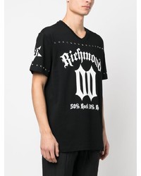 schwarzes bedrucktes T-Shirt mit einem V-Ausschnitt von John Richmond