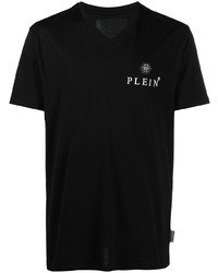 schwarzes bedrucktes T-Shirt mit einem V-Ausschnitt von Philipp Plein