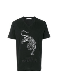 schwarzes bedrucktes T-Shirt mit einem V-Ausschnitt von Pierre Balmain
