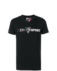 schwarzes bedrucktes T-Shirt mit einem V-Ausschnitt von Plein Sport