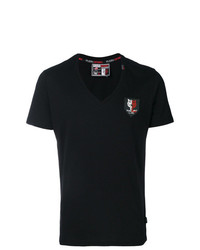 schwarzes bedrucktes T-Shirt mit einem V-Ausschnitt von Plein Sport