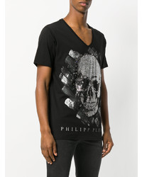 schwarzes bedrucktes T-Shirt mit einem V-Ausschnitt von Philipp Plein