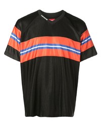 schwarzes bedrucktes T-Shirt mit einem V-Ausschnitt von Supreme