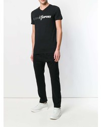 schwarzes bedrucktes T-Shirt mit einem V-Ausschnitt von Plein Sport