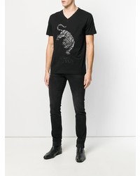 schwarzes bedrucktes T-Shirt mit einem V-Ausschnitt von Pierre Balmain