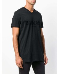 schwarzes bedrucktes T-Shirt mit einem V-Ausschnitt von Balmain