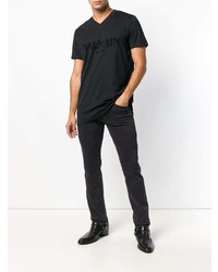 schwarzes bedrucktes T-Shirt mit einem V-Ausschnitt von Balmain