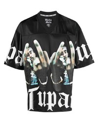 schwarzes bedrucktes T-Shirt mit einem V-Ausschnitt von Wacko Maria