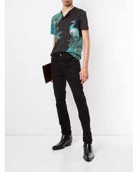 schwarzes bedrucktes T-shirt mit einer Knopfleiste von Dolce & Gabbana