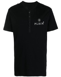 schwarzes bedrucktes T-shirt mit einer Knopfleiste von Philipp Plein