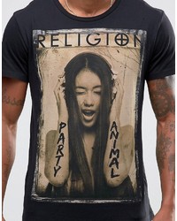 schwarzes bedrucktes T-shirt von Religion