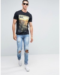 schwarzes bedrucktes T-shirt von Celio