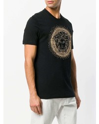 schwarzes beschlagenes T-Shirt mit einem Rundhalsausschnitt von Versace