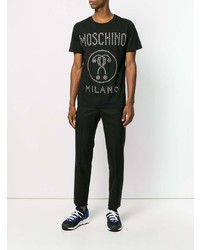 schwarzes beschlagenes T-Shirt mit einem Rundhalsausschnitt von Moschino