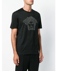 schwarzes beschlagenes T-Shirt mit einem Rundhalsausschnitt von Versace