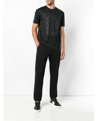 schwarzes beschlagenes T-Shirt mit einem Rundhalsausschnitt von Roberto Cavalli