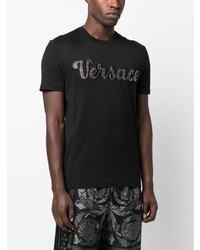 schwarzes beschlagenes T-Shirt mit einem Rundhalsausschnitt von Versace