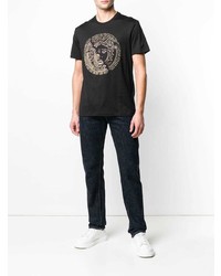 schwarzes beschlagenes T-Shirt mit einem Rundhalsausschnitt von Versace