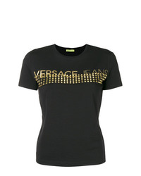 schwarzes beschlagenes T-Shirt mit einem Rundhalsausschnitt von Versace Jeans