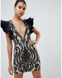 schwarzes besticktes figurbetontes Kleid von PrettyLittleThing