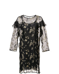 schwarzes besticktes gerade geschnittenes Kleid aus Netzstoff von Suno