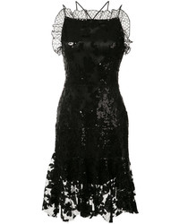 schwarzes besticktes gerade geschnittenes Kleid aus Seide