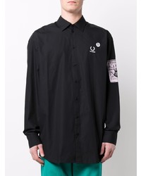 schwarzes besticktes Langarmhemd von Raf Simons X Fred Perry