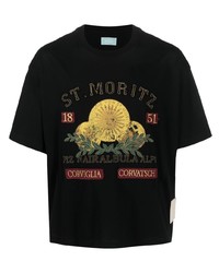 schwarzes besticktes Leder T-Shirt mit einem Rundhalsausschnitt